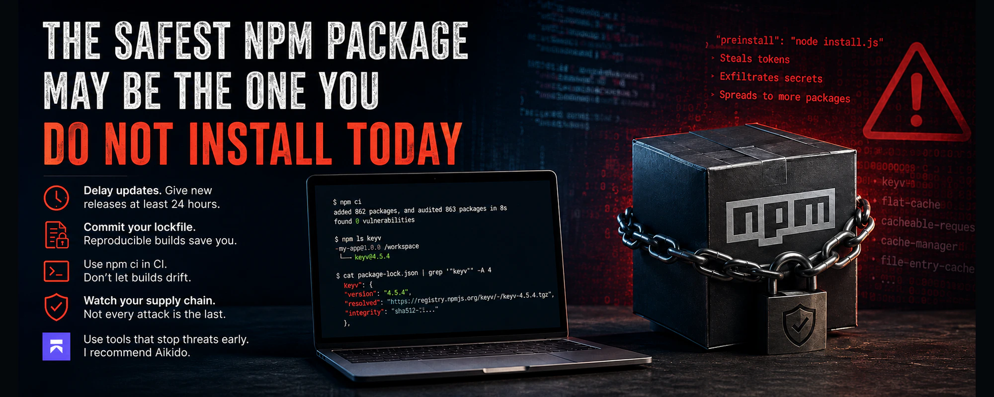 A chained and locked npm package beside a laptop, with practical dependency-security guidance.